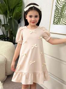 SHEIN Leap Crew Young Girl Casual Fitted Elegant Minimalist Bow Decor Puff Short Sleeve Loose A-Line Splice Frill Trim Round Neck Relaxed Woven Solid Color Dress - Apricot - View 1