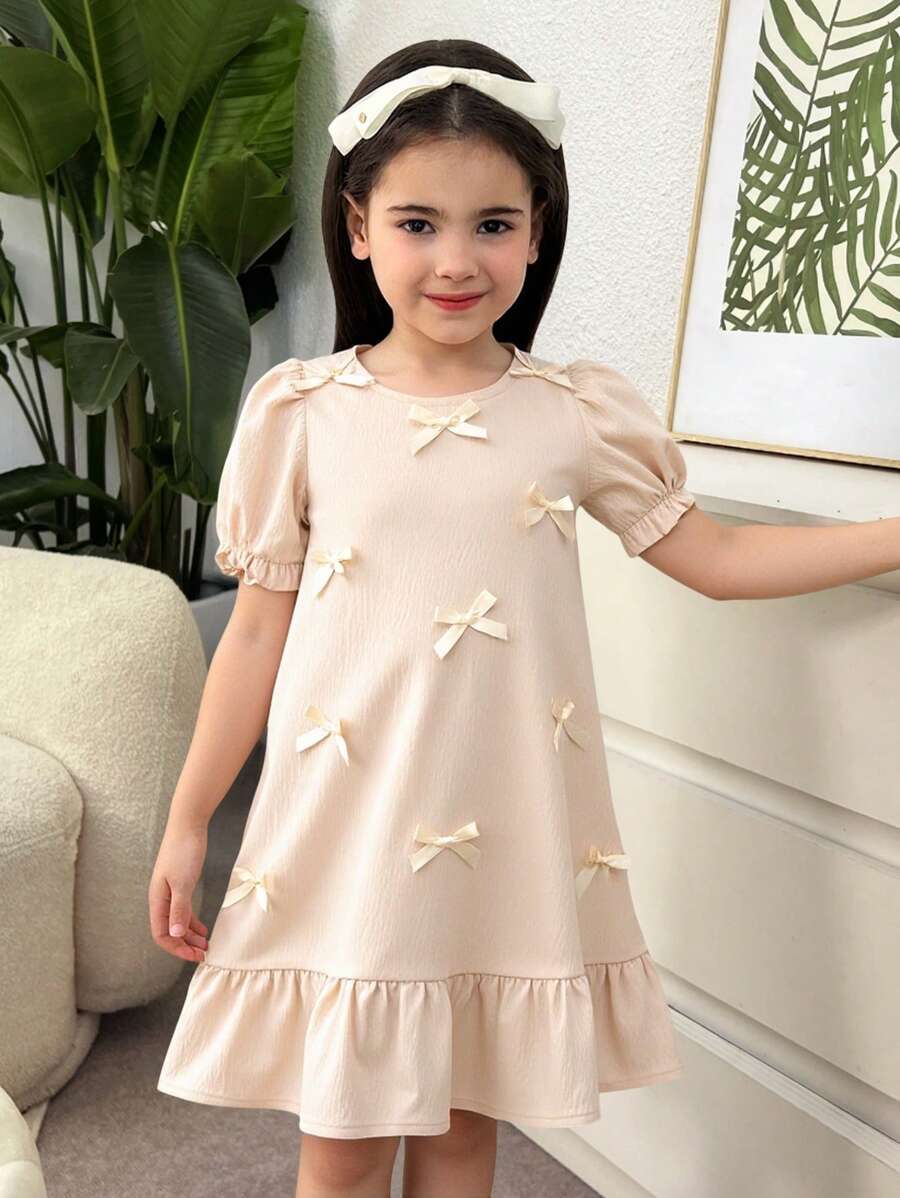 SHEIN Leap Crew Young Girl Casual Fitted Elegant Minimalist Bow Decor Puff Short Sleeve Loose A-Line Splice Frill Trim Round Neck Relaxed Woven Solid Color Dress - Apricot - View 1