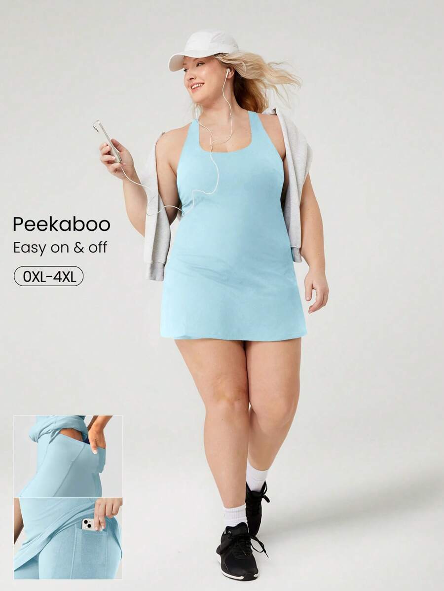 GLOWMODE FeatherFit™-Air Plus Size Peekaboo Strappy Dress With Built-In Anti-Slip Shorts Low Impact Yoga Daily Summer Dress Black Drss Quick Dry Moisture Wicking