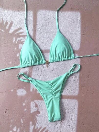 Swim Chiccia Women's Solid Color Halter Metal Pendant Sexy Thong Bikini Set For Summer