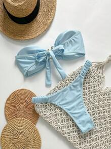 Swim Mod Conjunto de bikini de 2 piezas para mujer de verano, de unicolor, sin tirantes, con decoración metálica y atar