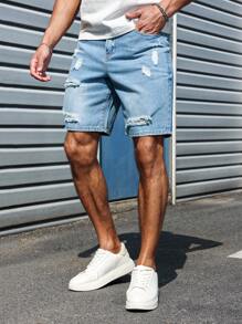 Manfinity Homme Men's Loose Casual Ripped Pocket Denim Shorts, Versatile  Blue Short Jeans Ripped Jean Shorts Men