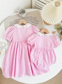 LMoss Kids LMoss   Young Girl's Woven Color Blocking Ruffle Puff Sleeve Snug Fit Dress Sisters Outfit,Suitable For Spring And Summer Cute Matching Outfit Suitable For Spring And Summer - Pink - View 13