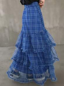 FRIFUL 女士蓬蓬薄纱裙，甜美高腰裙，春夏格子裙 - 藍色 - 查看 4