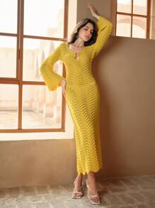 Anewsta Solid Color Sexy Knitted Hollow Wave Flare Sleeve Beach Dress For Summer Beach Vacation - Yellow - View 5