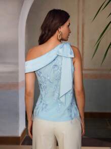 ZEYLAH Bowknot Asymmetric Collar 3D Floral Lace Elegant Sleeveless Blouse, Spring/Summer - Multicolor - View 3