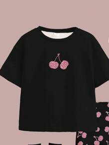 SHEIN Happikins Young Girl Casual Simple Short Sleeve Shorts 2 Pieces Set, Suitable For Summer