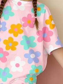 SHEIN 2pcs/Set Tween Girls Casual Minimalist Dopamine Flower Graphic Loose Fit Short Sleeve T-Shirt & Shorts Set, Suitable For Summer