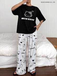 HELLO KITTY | DAZY 全身印花宽松T恤和配套宽松睡裤套装，女士春夏睡衣 - 黑色 - 查看 4