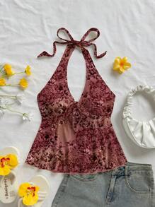 Soleia Red Paisley, Camouflage, Ditsy Floral Vintage Style Casual Vacation Sexy Cute Y2K Coconutgirl Boho Music Festival Suitable For Summer Women V-Neck Bowknot Halter Backless Babydoll Top For Vacation Suitable For Going Out - Multicolor - View 1