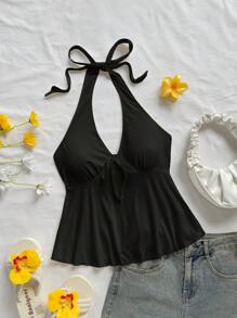 Soleia Plus Size Casual Vacation V-Neck Bowknot Halter Backless Babydoll Top, Perfect For Vacation, Suitable For Summer Halter Top Tie Front Top,Holiday Outfits For Women