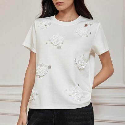 여성 캐주얼 통근 비즈니스 플로럴 시퀸 비즈 장식 우아한 반팔 티셔츠, 여름, 비즈니스 캐주얼 여성