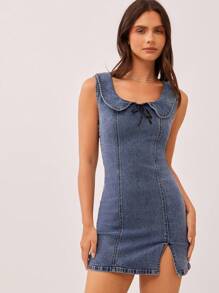 WESTFADE Summer Country Western Cowgirl Scoop Neck Collared Cute Bow Front Fitted Cotton Stretch Denim Mini Dress Spring Rodeo Nashville Vacation Outfit - Blue - View 3