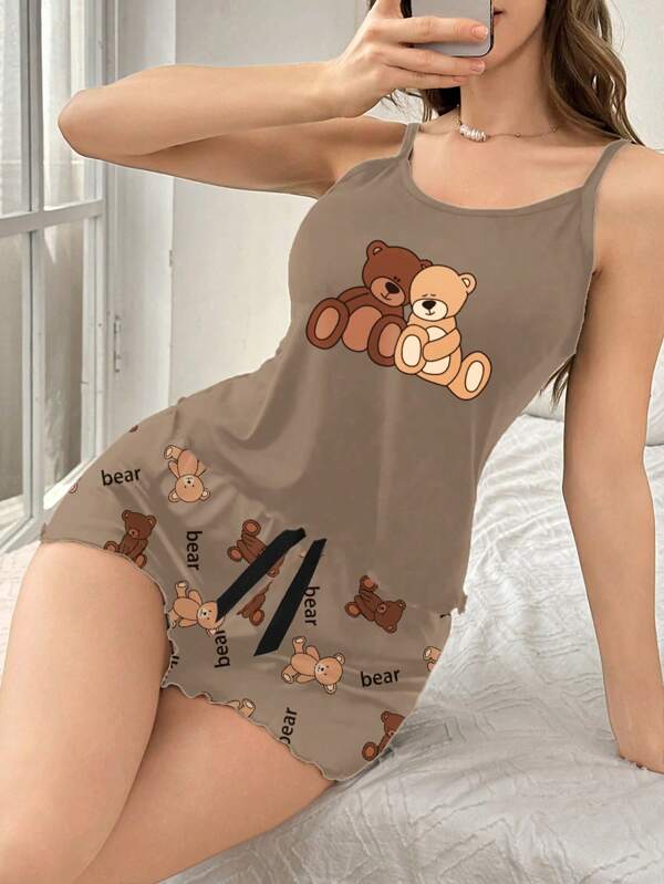 SHEIN Set de 2 piezas de pijama con short con volantes y estampado de oso