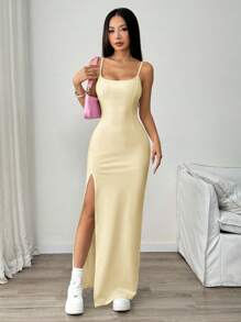 SHEIN EZwear Vestido informal de color albaricoque para mujer de corte ceñido y sin mangas, de longitud midi, para verano - Albaricoque - Ver 5