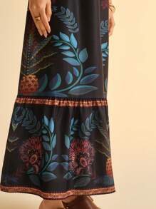 CAJUNI Casual Tropical Colorful Floral Retro Print Deep V-Neck Backless Maxi Dress For Women - Multicolor - View 6