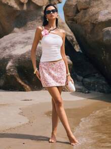 Poéselle Pink Skirt, Sequin Skirt, Printed Skirt, Small Floral Skirt, Simple And Fashionable, Exquisite And Fresh,Women's Floral Pattern Fitted Sequin Skirt, Suitable For Summer,Suitable For Daily Wear, Going Out, Dating, Vacation, Wedding Guests, Cocktail Parties, Yacht Parties, Birthday Parties, Graduation Skirtes And Other Occasions - Pink - View 1