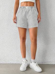 SHEIN EZwear Pantalones cortos casuales de mujer a rayas grises y blancas, para verano