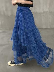 FRIFUL 女士蓬蓬薄纱裙，甜美高腰裙，春夏格子裙 - 藍色 - 查看 5
