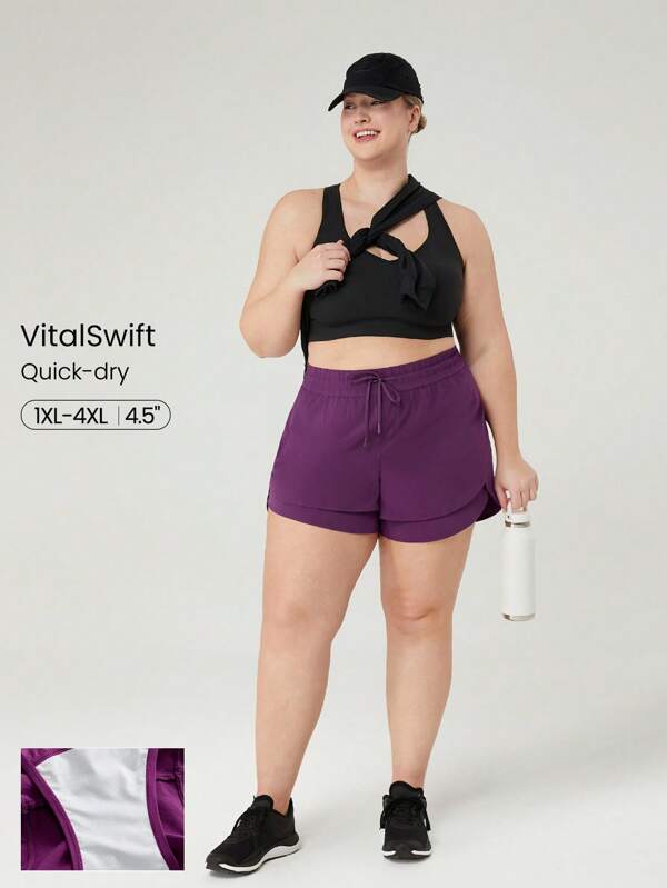 GLOWMODE 4.5" Plus Size VitalSwift Adjustable Drawstring Waist Double Layer Sports Shorts With Built-In Shorts Medium Impact Running Jogging Training Gym Workout