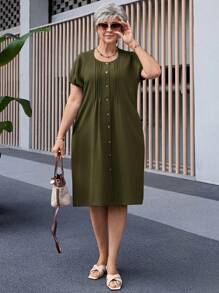 Miaspire Vestido casual de verano de manga corta con bolsillo, cuello redondo y unicolor, talla grande