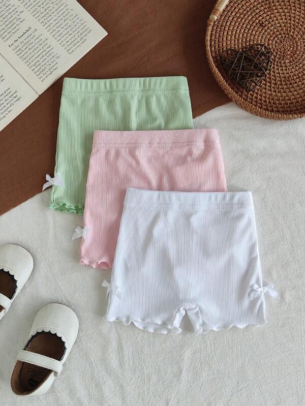 SHEIN Set 3 piese pentru bebeluși și fetițe, 0-3 ani, noutăți de primăvară/vară, îmbrăcăminte sport casual: top tricotat cu nervuri, pantaloni scurți în culori moi, lungime până la genunchi, potrivit pentru casă și exterior