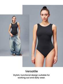 LUVLETTE Damen einfarbiger einfacher Tank Bodystyler Bodysuit Schwarz, Sportbodysuit Schwarz, aktiver Gym Bodysuit