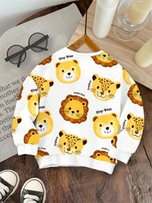 SHEIN 休闲宽松卡通熊图案圆领柔软针织套头连帽衫，适合秋冬季，小狮子/小老虎/男宝宝 - 彩色 - 查看 4