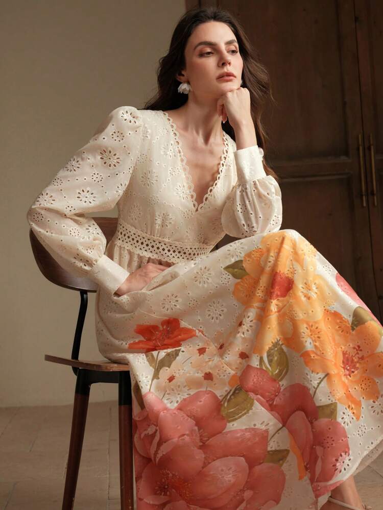 Robe longue à manches longues pour femmes, motif floral avec découpe à la taille et broderie, pour l'été