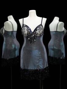 SHEIN 2pcs Set Plus Size Women Sexy Spaghetti Strap Tasseled Nightgown - Multicolor - View 6