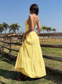 SHEIN EZwear Váy tốt nghiệp mùa hè hở lưng cổ chữ V phong cách Bohemian, màu vàng nhạt - Butter Yellow - Xem 6