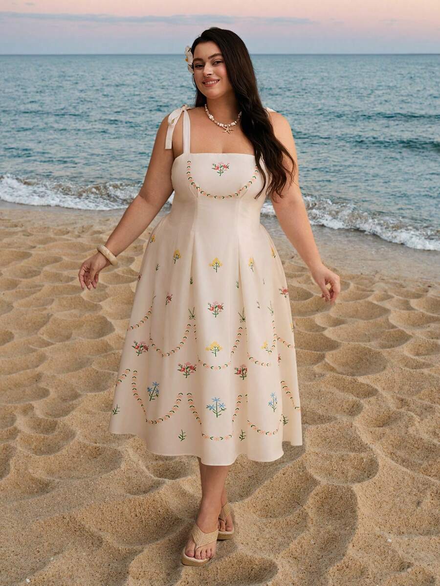 SHEIN MOD Plus Size Women Beige Vintage Floral Print Bowknot Waist Dress, Apricot Base Placement Print Plus Size Women Long Dress,Summer Dresses,Positioning Printing,Short Sleeves,Boho Chic Dress