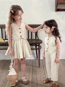LMoss Kids 2 pezzi Set giovane ragazza, completo con gilet in tinta unita e gonna a-line