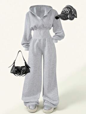 SHEIN Tween Girl Hooded Zip-Up Sweatshirt And High Waisted Thermal Lined Pants Jumpsuit