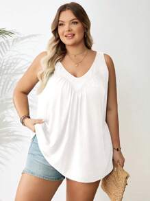 SHEIN CURVE+ Plus Size Women's V-Neck Loose Tank Top Summer/Country/Beach Vacation - White - View 6