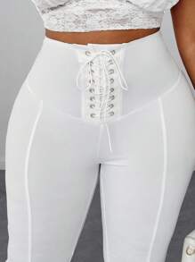 Maweii 2025 Women's Plus Size Elegant Sexy Solid Color Eyelet Decor Lace Trim Waist Tie Mid-Calf Pants, Bowknot Decor, Fashion Versatile High-End Design For Music Festival & Daily Wear