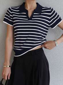 DAZY Women's Collared Striped Pullover Short Sleeve Sweater - Navy Blue - View 3