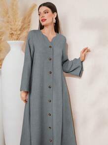 Al Najma Casual Solid Color Front Button Long Robe, Modest Abaya - Grey - View 4