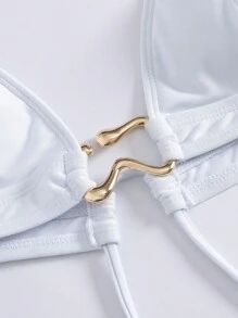 Swim Oasis 3 件套女士纯色金属点缀细肩带露背泳衣和裙子套装，夏季高端海滩度假装 - 白色 - 查看 7