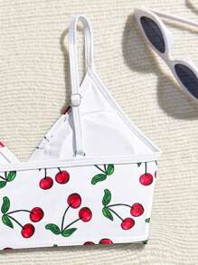 SHEIN Tween Girls Cute Cherry Print Bikini Swimsuit Set  With Pleated Side Drawstring Beach Skirt Summer Holiday - White - View 4