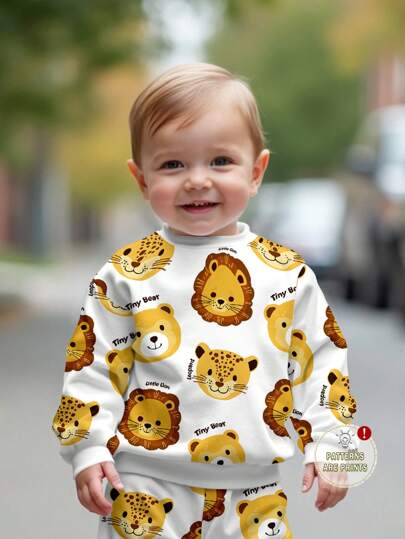 SHEIN Casual Loose Cartoon Bear Pattern Round Neck Soft Knit Pullover Hoodies, Suitable For Autumn/Winter, Little Lion/Little Tigers/Baby Boy
