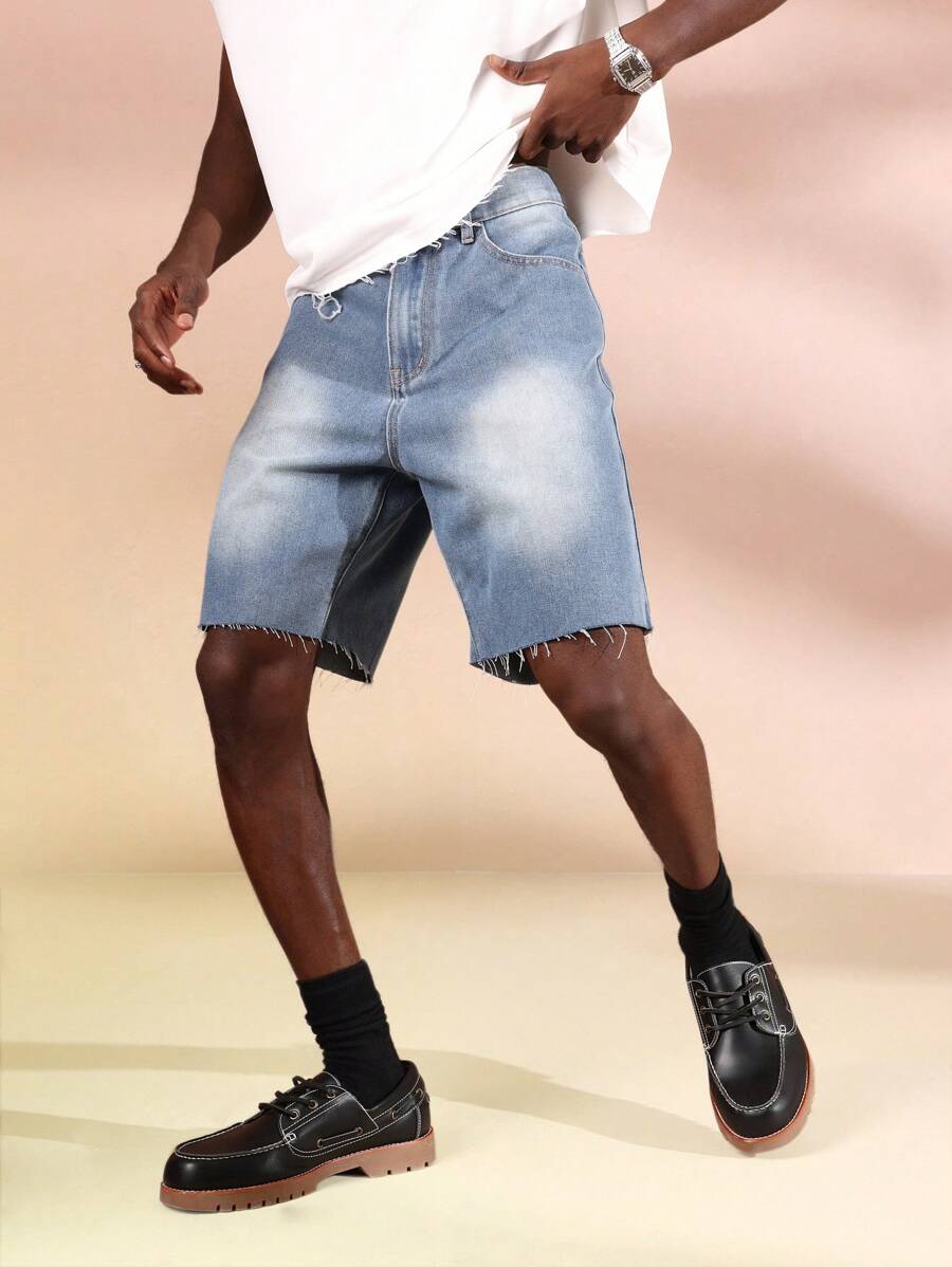 SUMWON Quần short denim Bermuda thời trang viền thô, viền chưa hoàn thiện, thiết kế cổ điển, thời trang đường phố, thường ngày, mùa hè, mùa xuân, phong cách rách rưới - Màu xanh lam - Xem 1