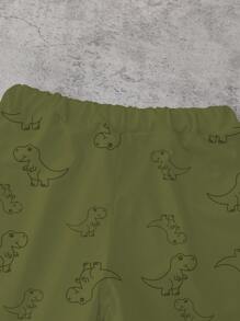 SHEIN 1 Set Baby Boys Cartoon Dinosaur Print T-Shirt & Shorts Outfit, Cute Dino Pattern Tee & Patterned Shorts, Light Fabric For Spring & Summer Everyday Wear