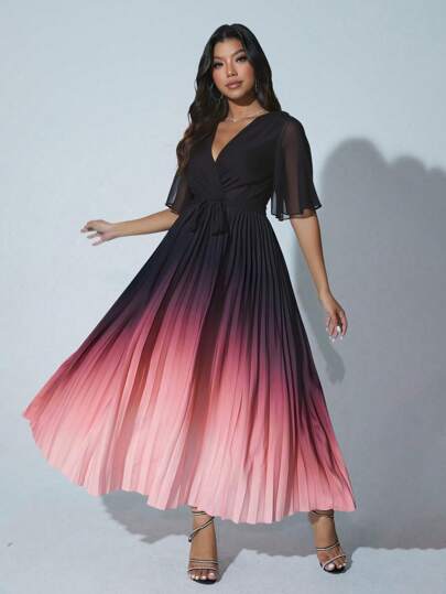 Viva Relle 大码女士优雅浪漫夏季度假连衣裙，V领裹身领雪纺荷叶袖短袖系带渐变褶皱飘逸长裙，适合情人节穿着