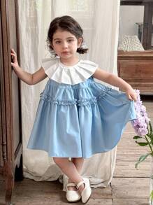 LMoss Kids LMoss  Baby Girl Woven Color Block Crew Neck Sleeveless Fitted Casual Dress  Setsisters Outfit - Blue - View 9