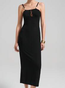 Ontre Elegantes langes schwarzes Trägerkleid für Sommers für Lehrerinnen, Büromode, Abschlussferien, Musikfestivals - Schwarz - Übersicht 3