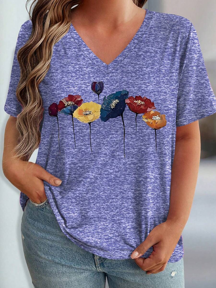 SHEIN LUNE 大码女式优雅花卉凤仙花印花休闲V领短袖T恤 - 彩色 - 查看 1