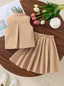 SHEIN 2pcs Girls Military Green Sleeveless Buttoned Top And Skirt Set, Comfortable Casual Fashion Casual Dresses For Girls Classy Girl Dresses For Girls