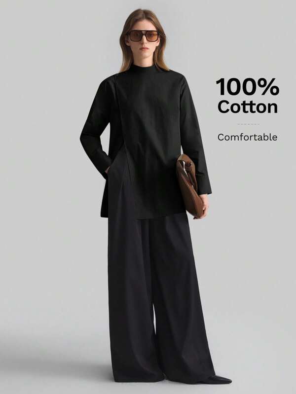 Ontre Cămașă minimalistă neagră pentru femei, stil înfășurat, culoare solidă, guler înalt, mânecă lungă, croială neregulată, ținută casual business pentru zi cu zi, birou, ținută de profesor, colecția nouă de toamnă 2025