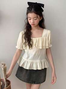 Bộ 2 món áo tay bồng cổ bèo nhún + chân váy denim cho bé gái tuổi teen, mùa hè, quần áo trở lại trường - Nhiều màu - Xem 4